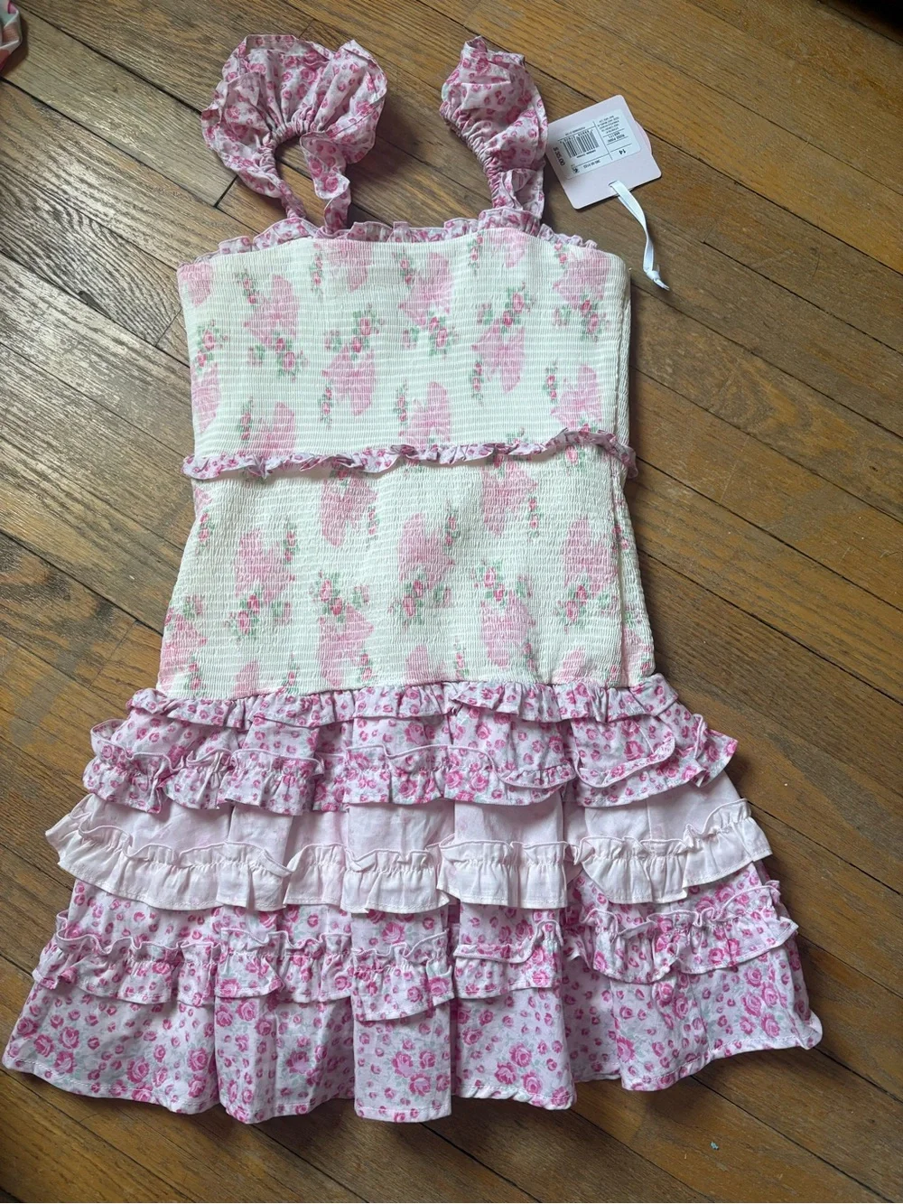 LoveShackFancy Pink Floral Ruffle Tiered Dress